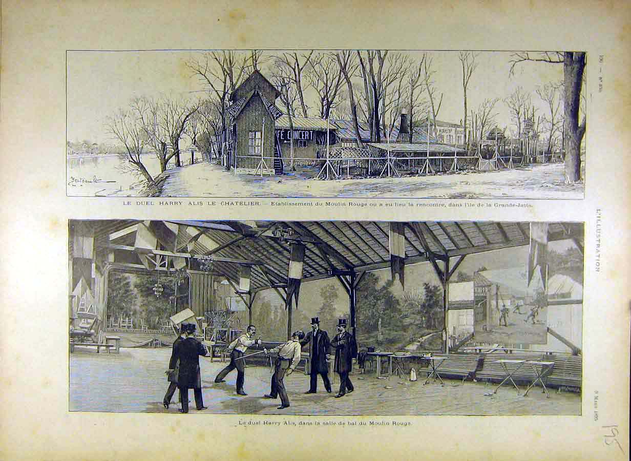 Original Old Antique Print 1895 Duel Harry-Alis Chatelier Moulin-Rouge Victorian