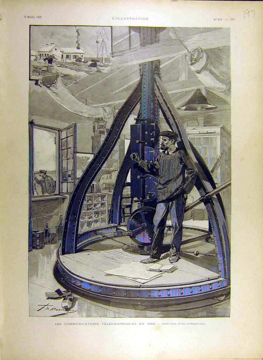Original Old Antique Print 1895 Telegraphic Communication Sea Ship Telegraph