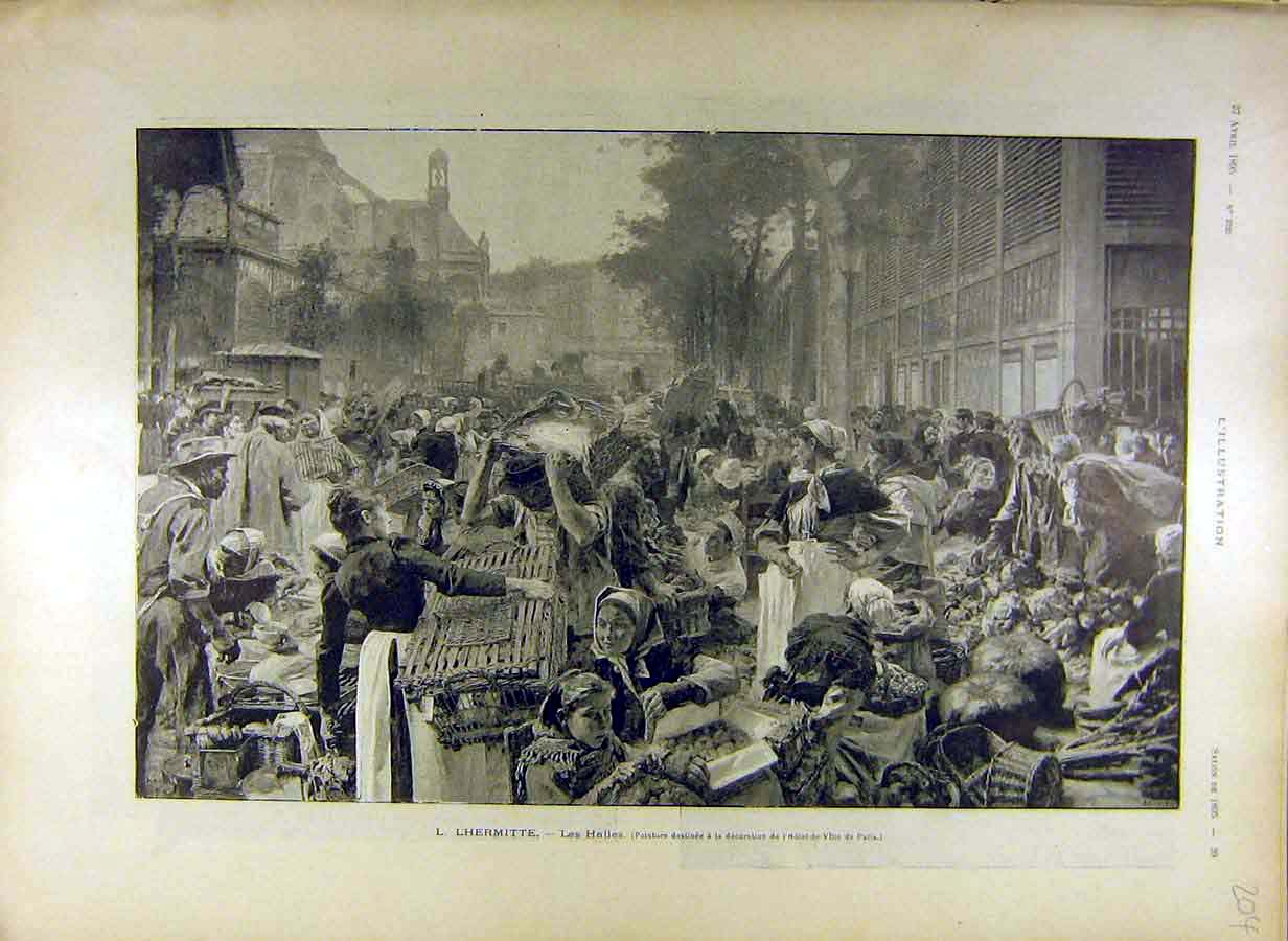 Original Old Antique Print 1895 Lhermitte Les-Halles Market Street People 19th