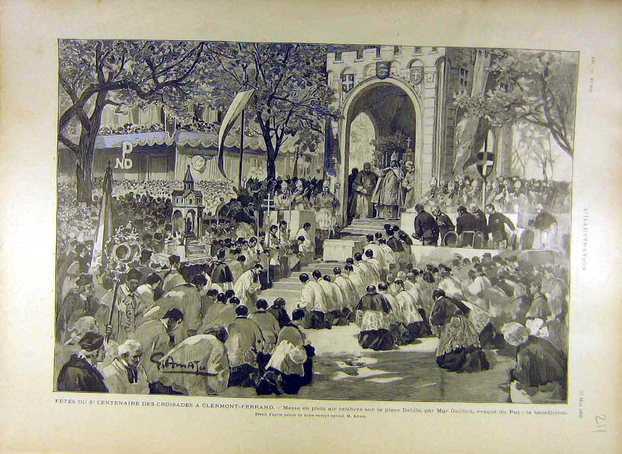 Old Antique Print 1895 Fete Crusade Clermont-Ferrand Delille Guillois Puy 19th