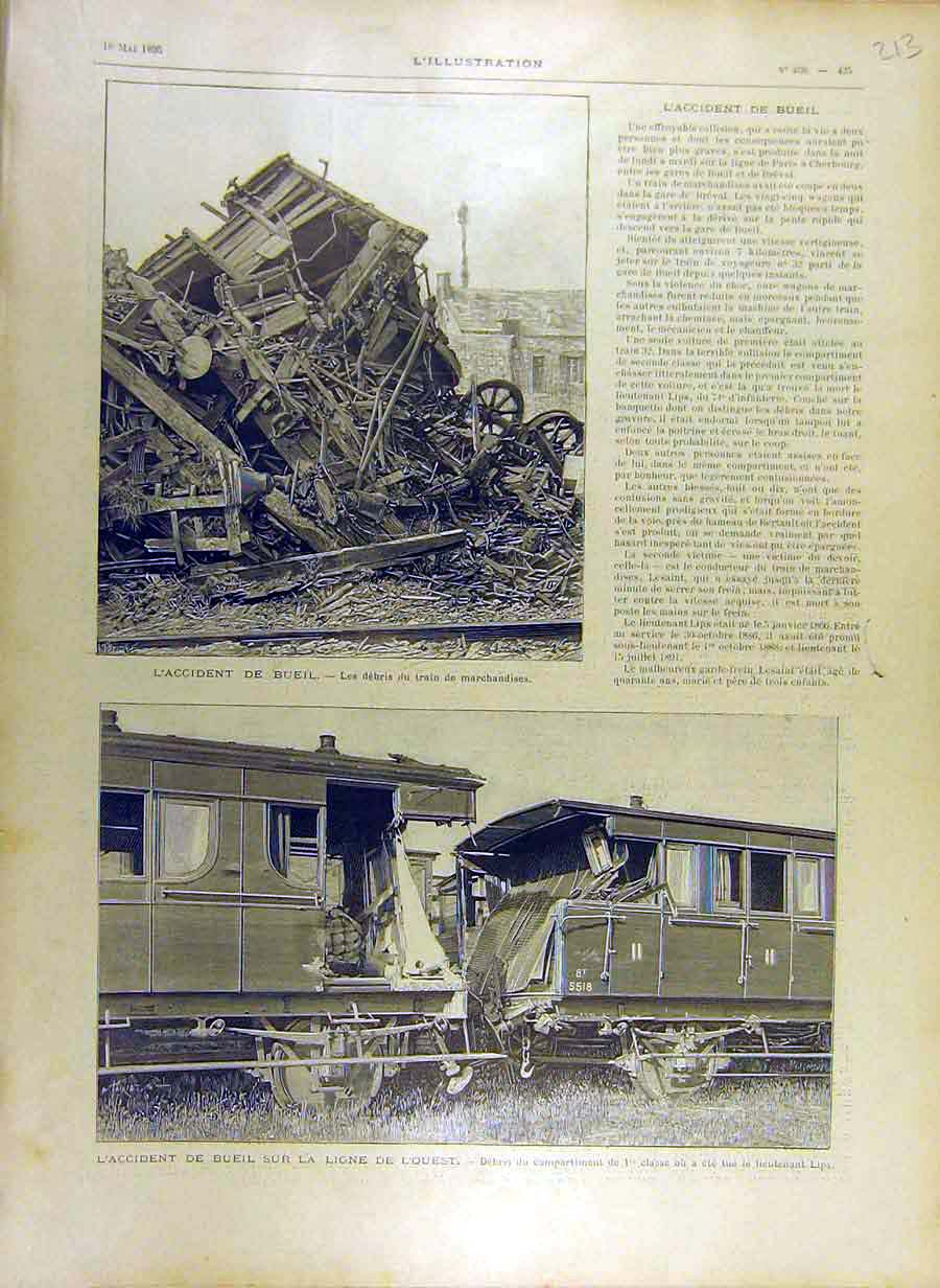 Original Old Antique Print 1895 Accident Bueil Train Railway Lips French 19th