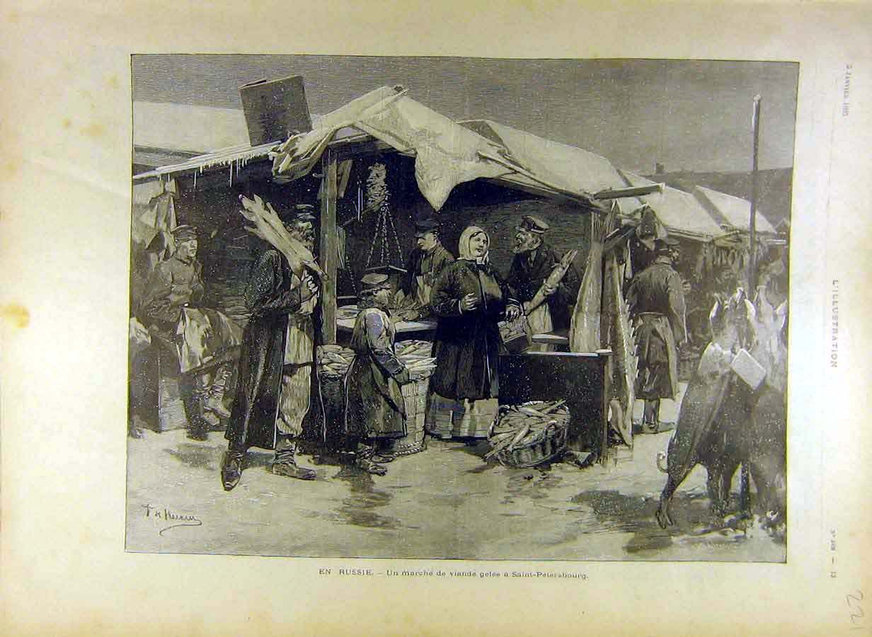 Original Old Antique Print 1895 Russia Meat-Butcher Market Saint-Petersburg 19th