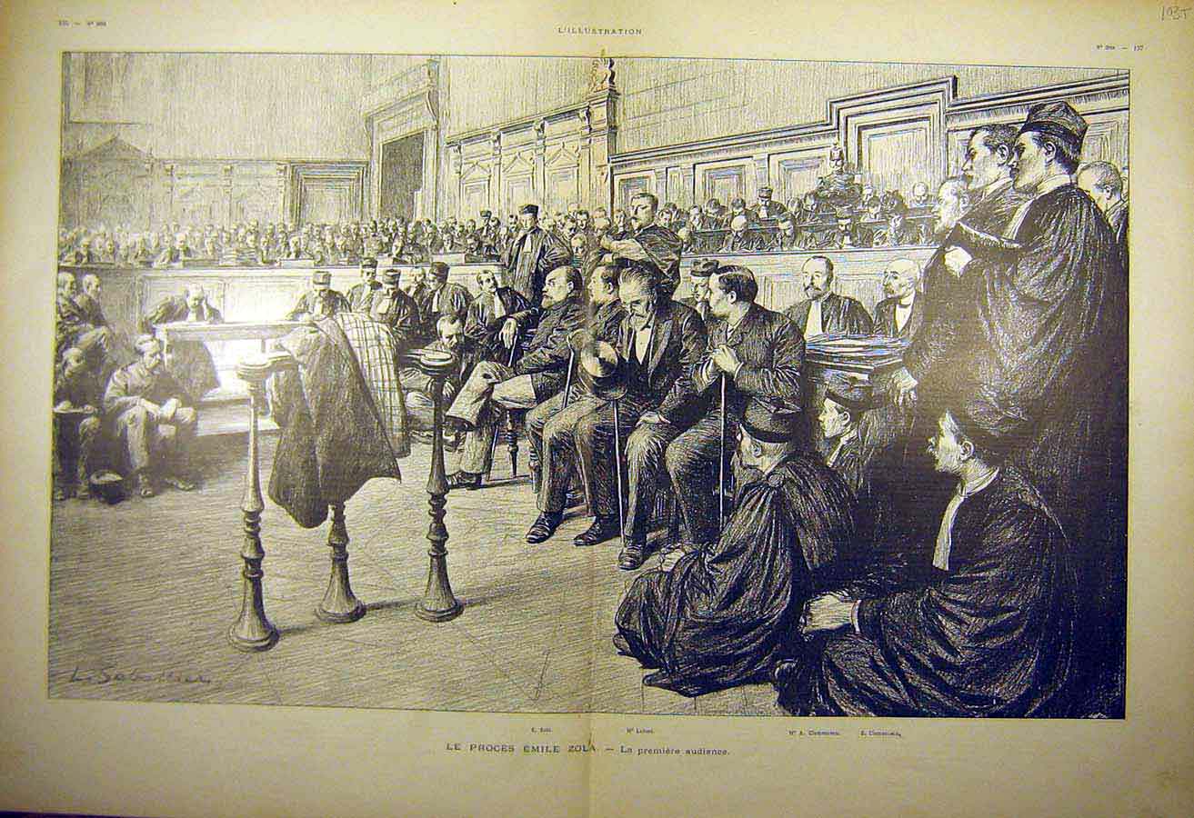 Original Old Antique Print 1898 Court Zola Labori Clemenceau Trial Hearing 19th