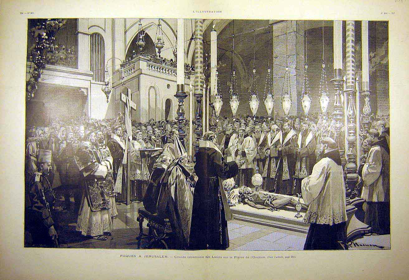 Original Old Antique Print 1898 Jerusalem Service Religious Onction Latin 19th
