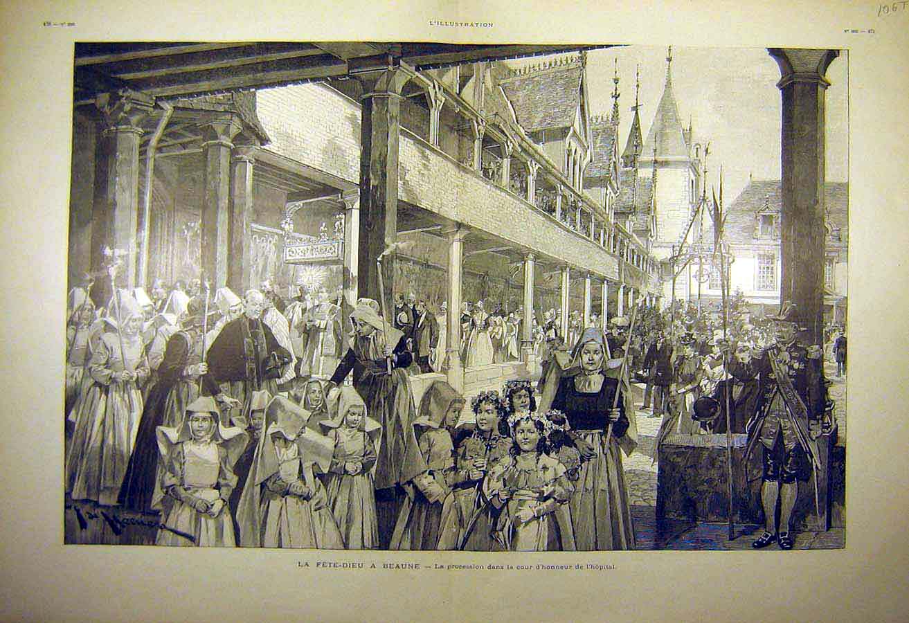 Original Old Antique Print 1898 Fete Beaune Procession Honour Hospital 19th