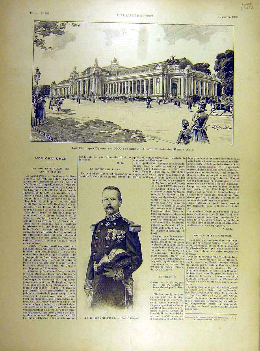 Original Old Antique Print 1898 Champs-Elysees Palace Fine-Art Paris Luxer 19th