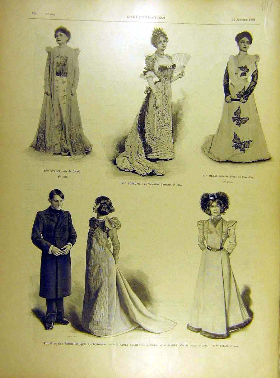 Original Old Antique Print 1898 Starck Sorel Medal Fashion Ladies Evian Mauge