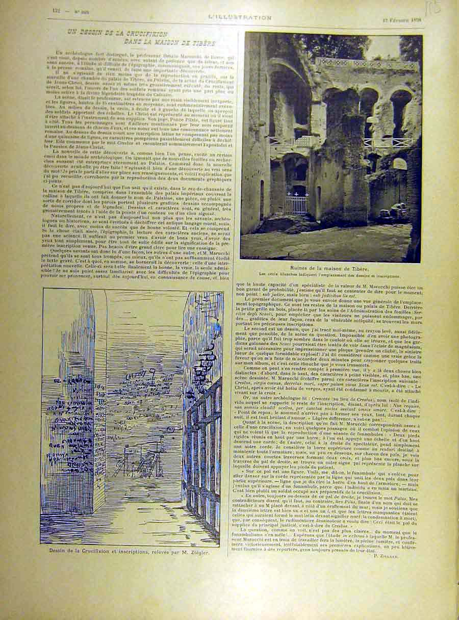 Original Old Antique Print 1898 Ruins Tibere Crucifixion Religious French 19th