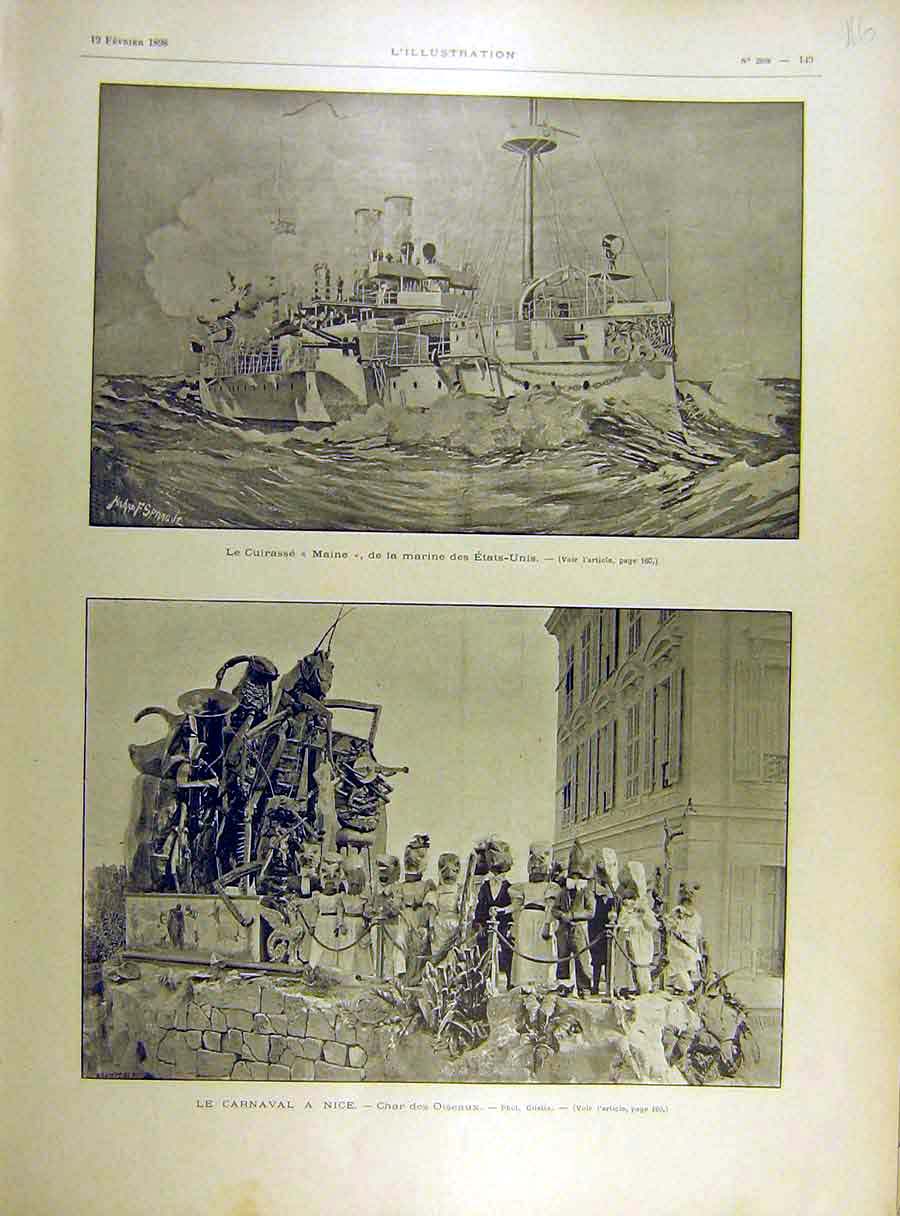 Original Old Antique Print 1898 Cruiser Ship Maine United-States Carnival Nice