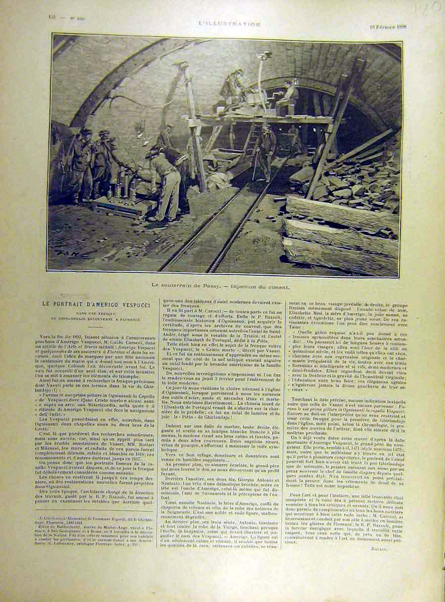 Original Old Antique Print 1898 Passy Tunnel Cement Construction French 19th