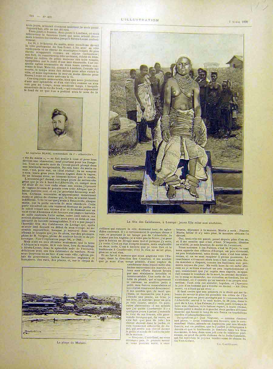 Original Old Antique Print 1898 Blake Fete Calebasses Loango Matadi Africa 19th