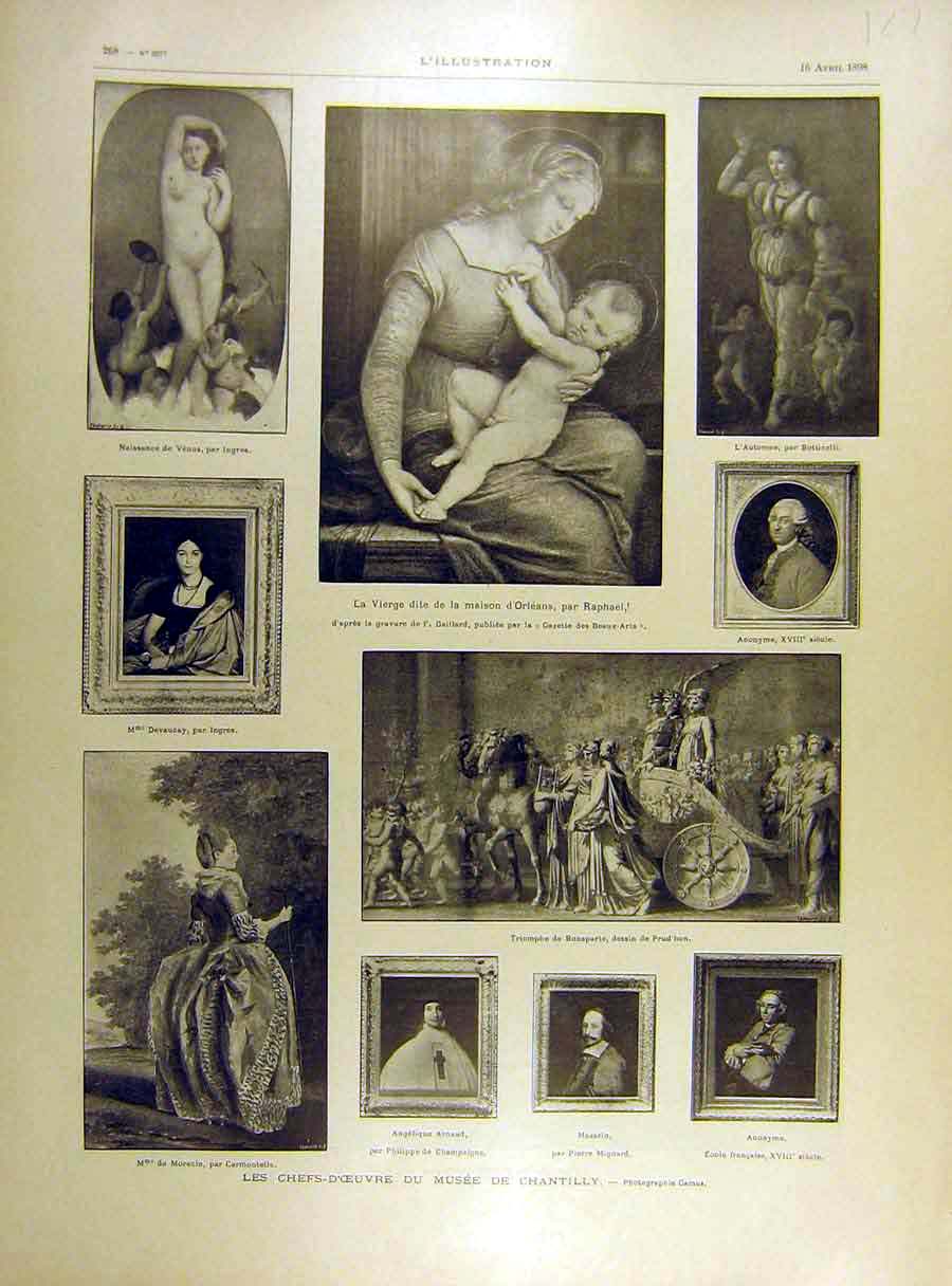 Original Old Antique Print 1898 Fine Art French Museum Chantilly 19th