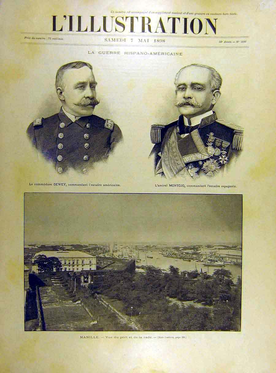 Original Old Antique Print 1898 Portrait Dewey Montojo Manilla View French 19th