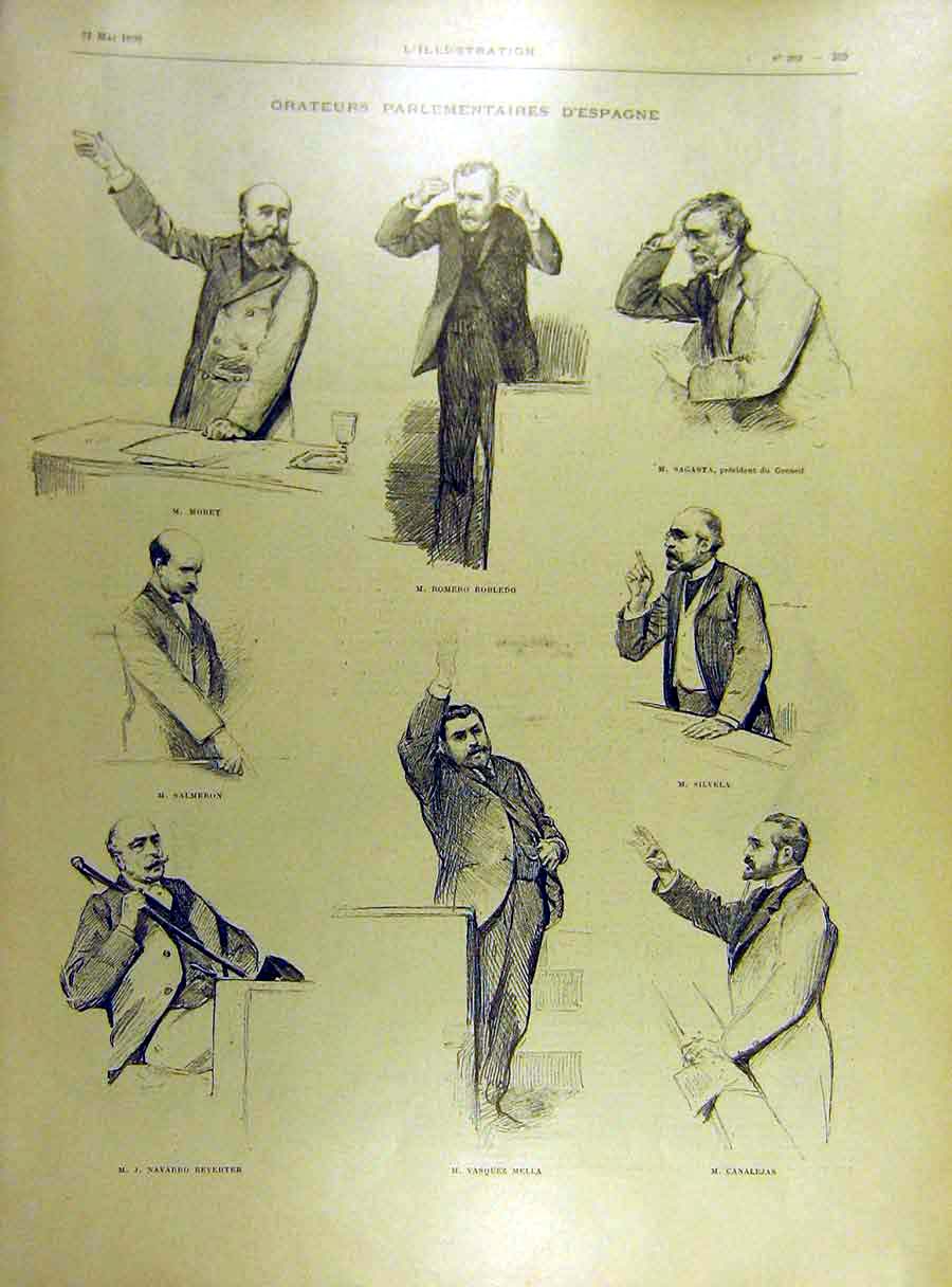 Original Old Antique Print 1898 Speakers Parliament Spain Spanish Portraits 19th