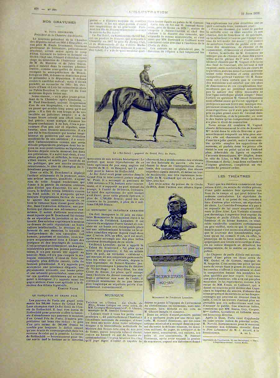 Original Old Antique Print 1898 Race-Horse King-Soliel Roi-Soliel Lemaitre 19th