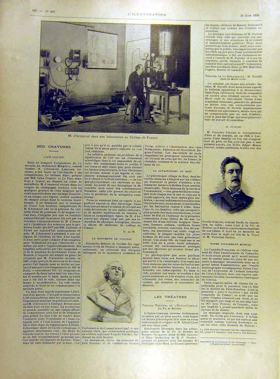 Old Antique Print 1898 Arsonval Laboratory College France Puccini Flachat 19th