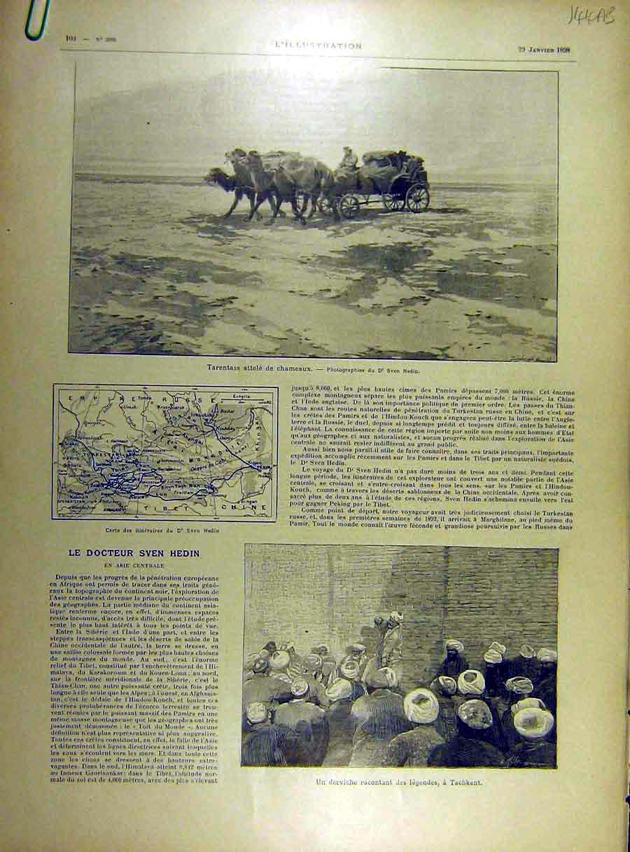 Original Old Antique Print 1898 Doctor Hedin Portrait Pamir Caravan French 19th