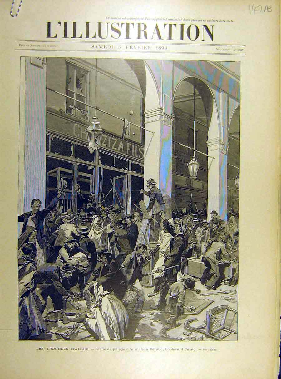 Old Antique Print 1898 Alger Un-Rest Feraud Carnot Pillage Hotel Regence 19th