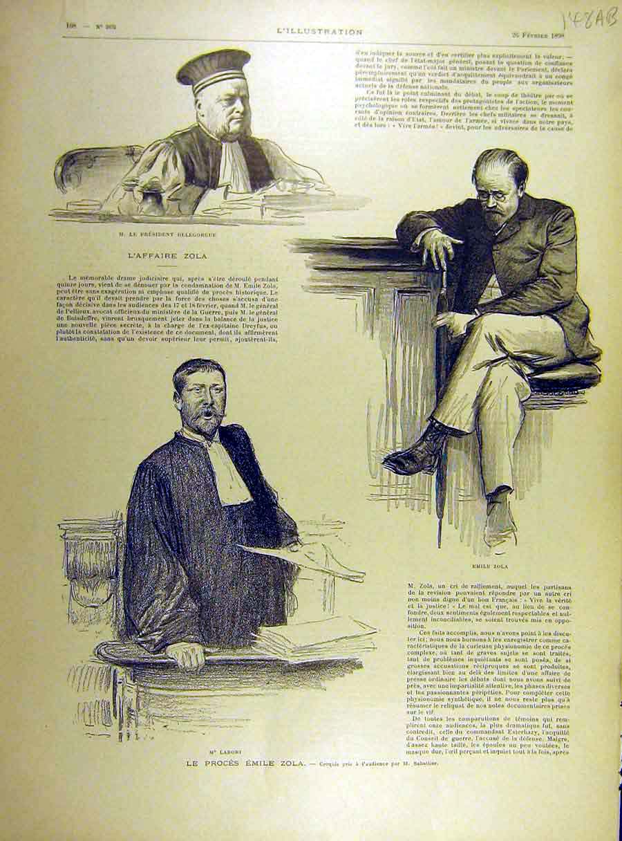 Original Old Antique Print 1898 Affair Zola Court Trial Labori Esterhazy 19th