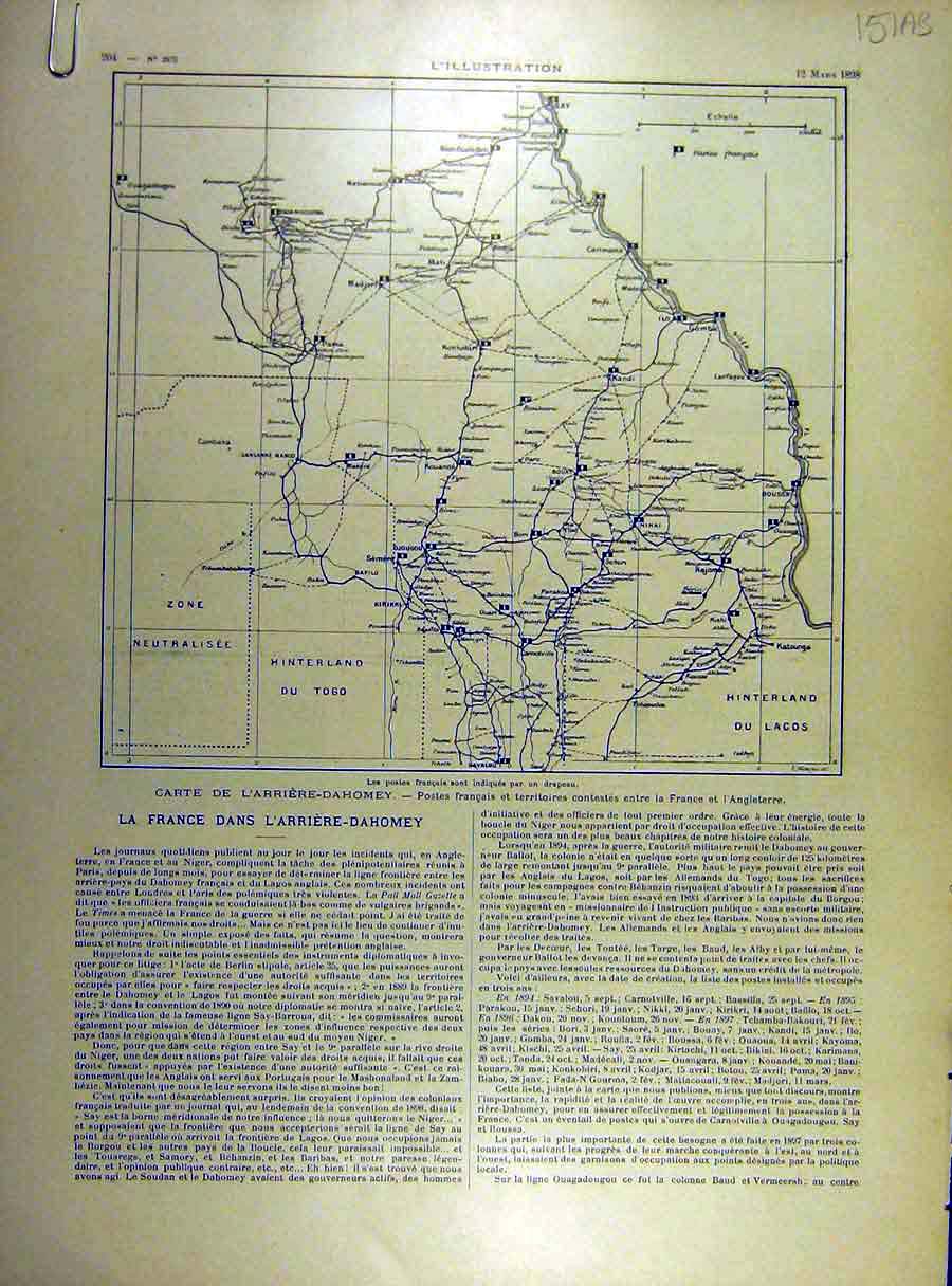Old Antique Print 1898 Map Plan Carte L'Arriere-Dahomey Mission Bretonnet 19th