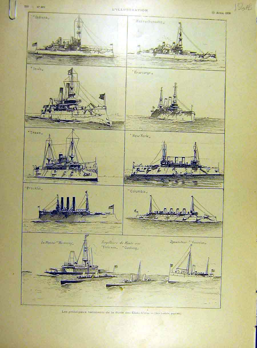 Original Old Antique Print 1898 Ships United States Navy Flotilla Spain Spanish