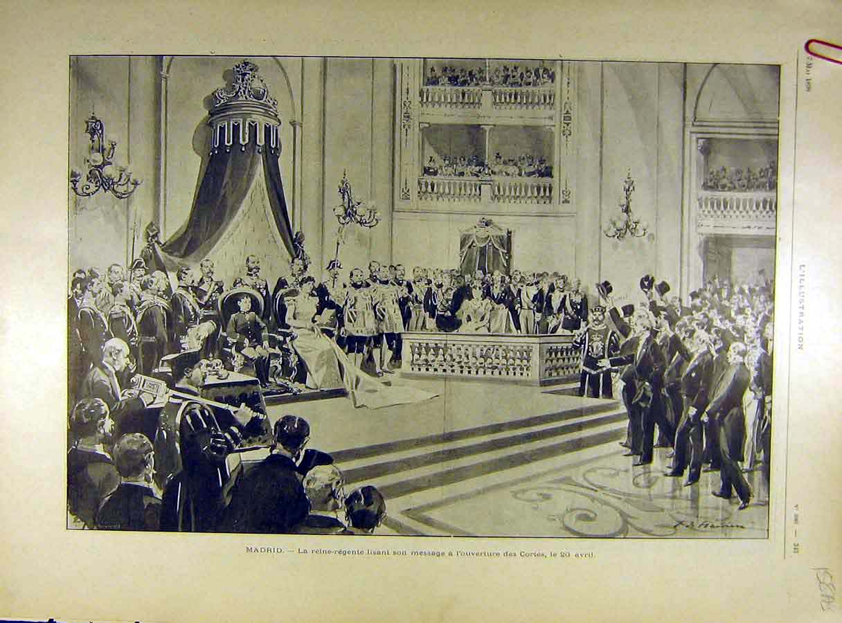 Original Old Antique Print 1898 Madrid Cortes Queen-Regent Cuba Siers Cadix