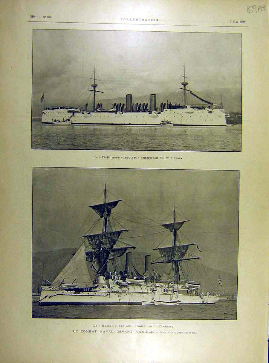 Old Antique Print 1898 Manilla Navy Combat Baltimore Boston Isla-De-Cuba 19th