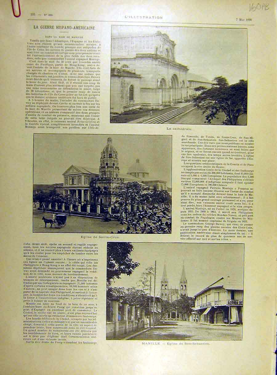 Old Antique Print 1898 War Hispano-American Cathedral Santa-Cruz Manilla 19th