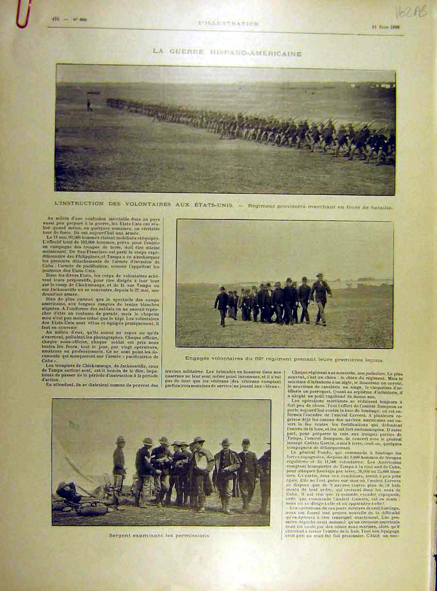 Original Old Antique Print 1898 War Hispano-American Spanish Volunteers Troops