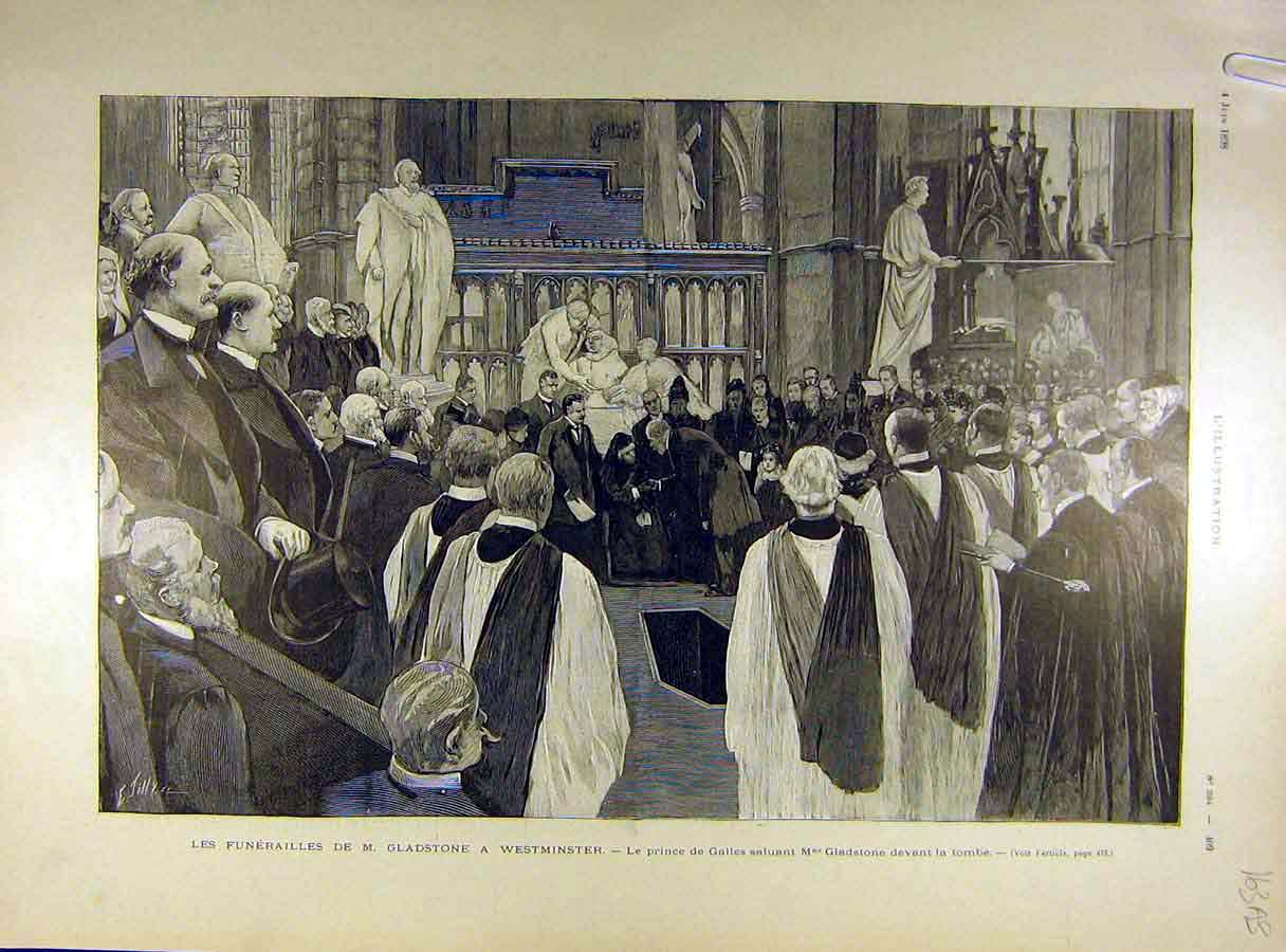 Old Antique Print 1898 Funeral Gladstone Westminster Abbey Prince Wales 19th