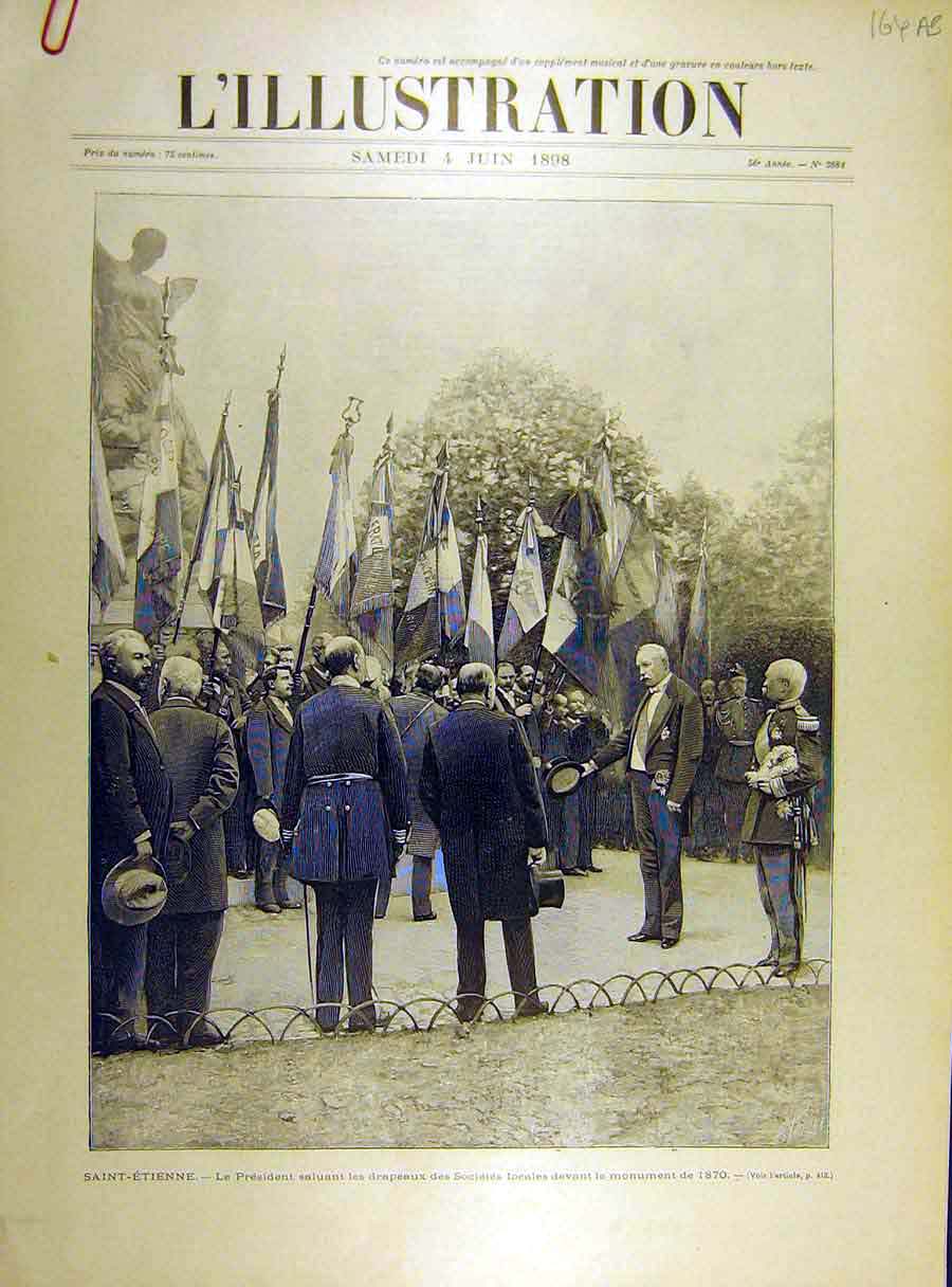 Original Old Antique Print 1898 Saint-Etienne President Flag Gymnastic Society
