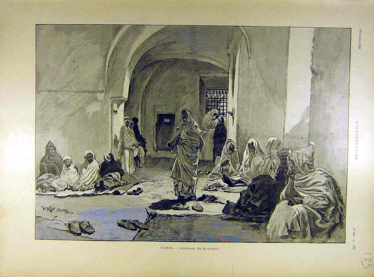 Original Old Antique Print 1898 Tunisia Prison People Prisoners French Victorian