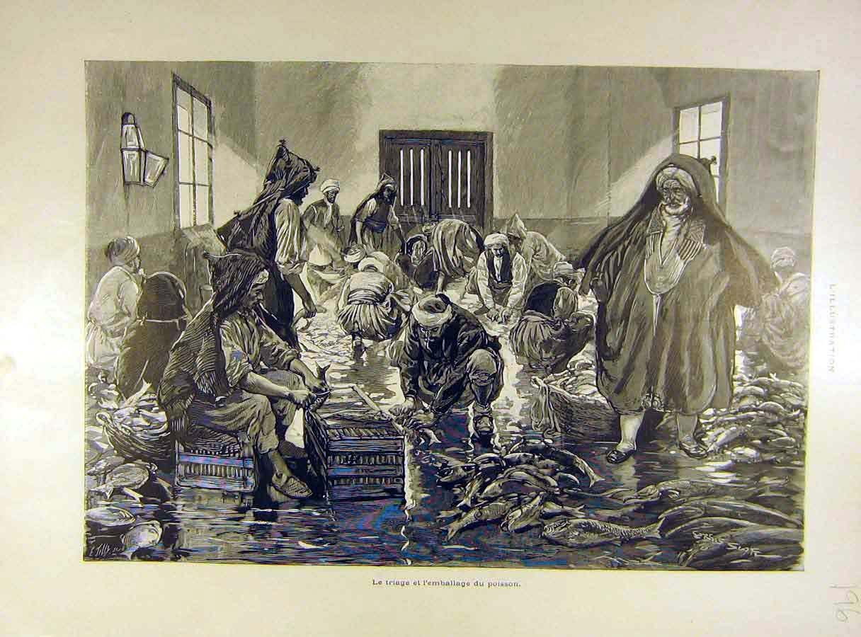 Original Old Antique Print 1898 Fish Gutting Fishermen Catch Fishery French 19th