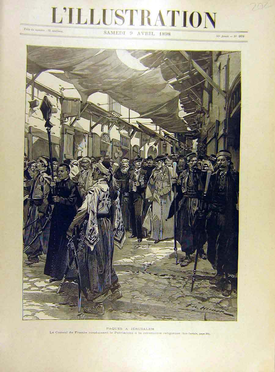 Original Old Antique Print 1898 Jerusalem Worship French Consul Religious 19th