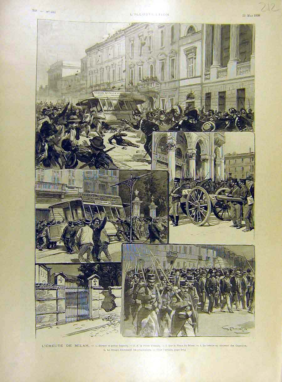 Original Old Antique Print 1898 Milan Unrest Italy Troops Italian French 19th