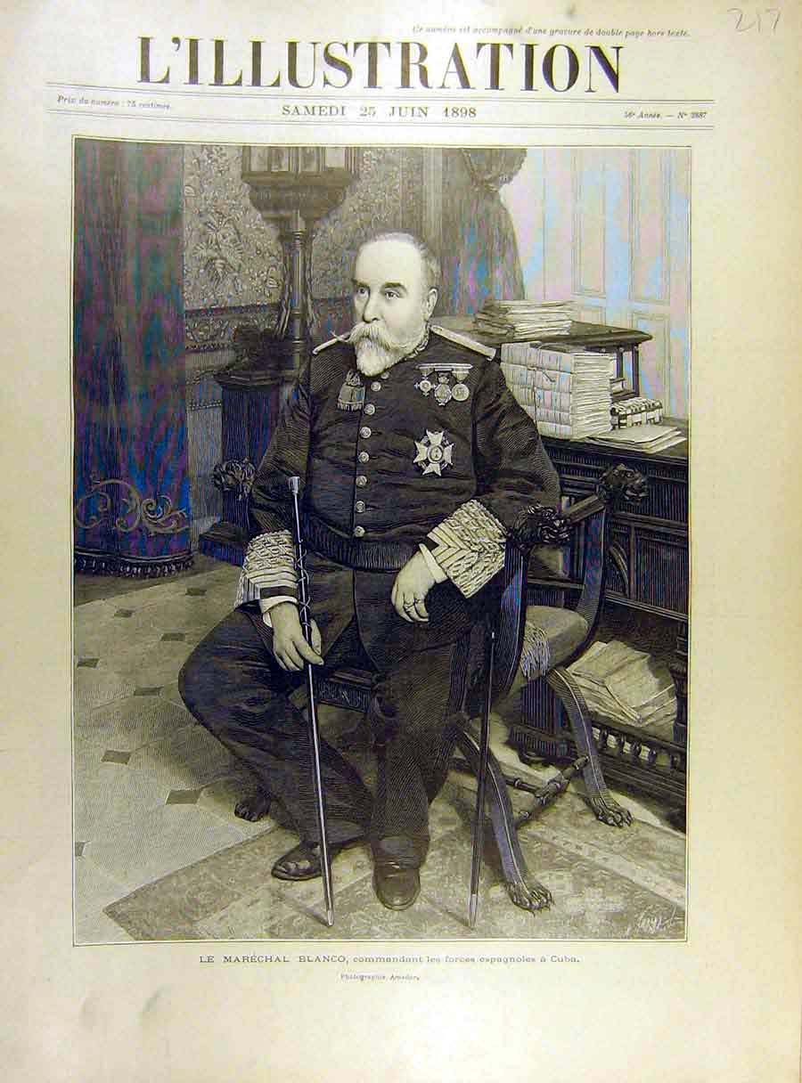Original Old Antique Print 1898 Portrait Marshall Blanco Spanish Forces Cuba