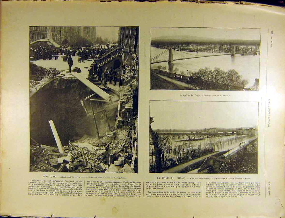 Old Antique Print 1902 New York Bomb Park Avenue Ruin Rhone Tunnel French 20th