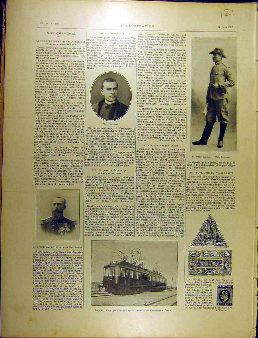 Original Old Antique Print 1902 Portrait Menozzi Bris Lynch Tram Stamp French