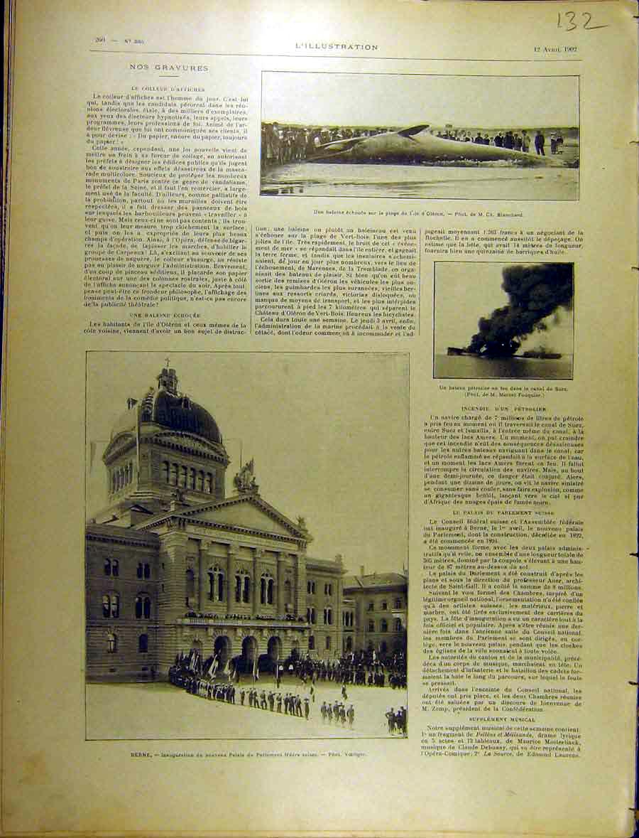 Original Old Antique Print 1902 Berne Parliament Biulding Beach Whale French