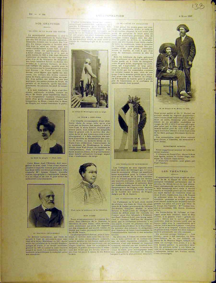 Original Old Antique Print 1902 Portrait Peuple Washington Letoubneau Ballay