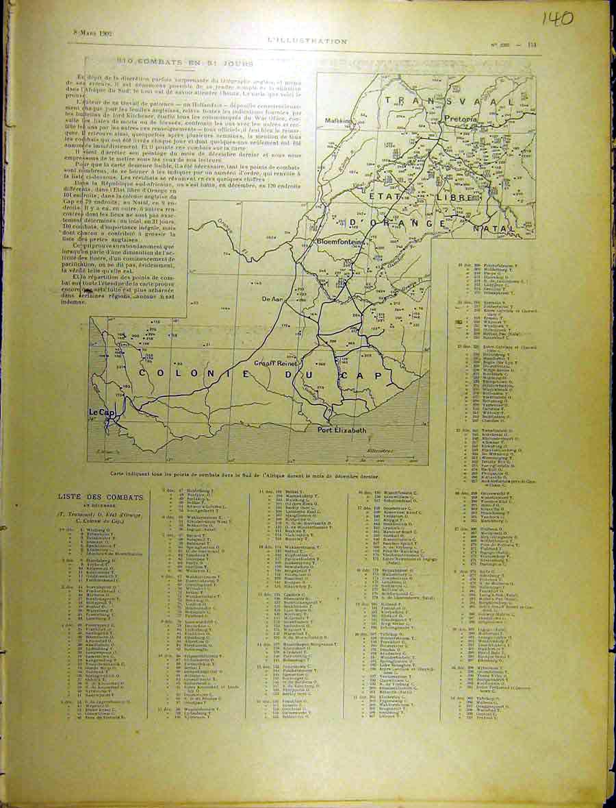 Original Old Antique Print 1902 Map Combat Jours Africa List Transvaal Natal