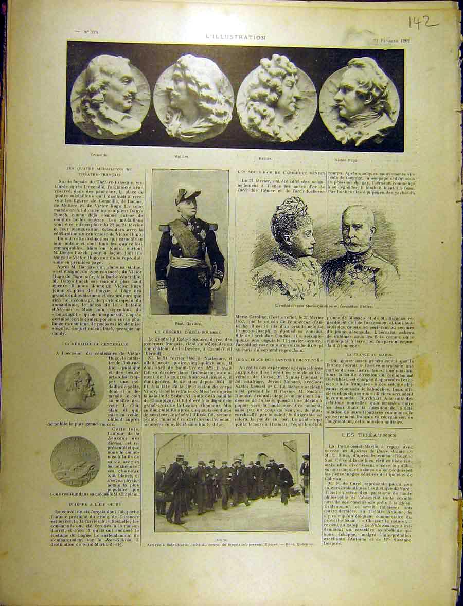 Original Old Antique Print 1902 Medallion Corneille Moliere Racine Hugo French