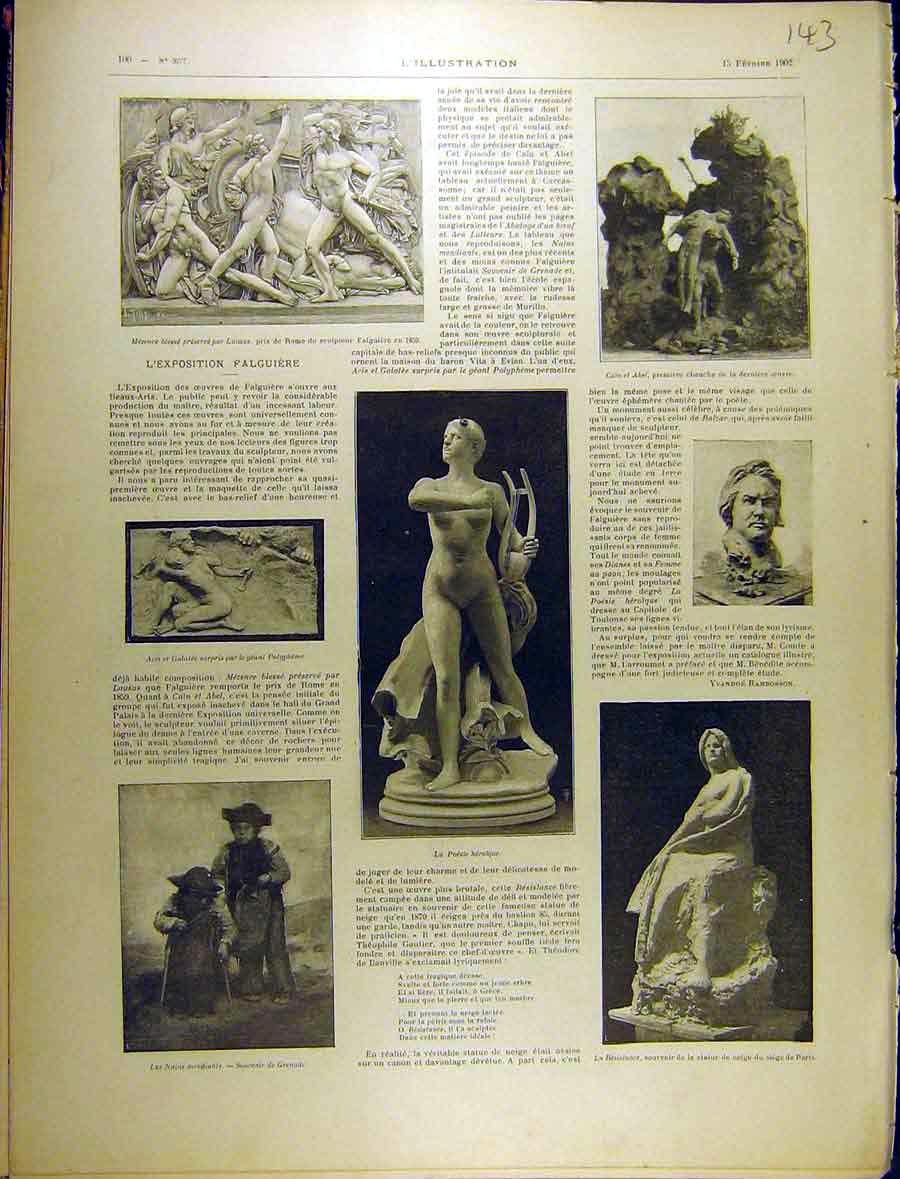 Original Old Antique Print 1902 Statue Falguire Marble Paris Abel French 20th