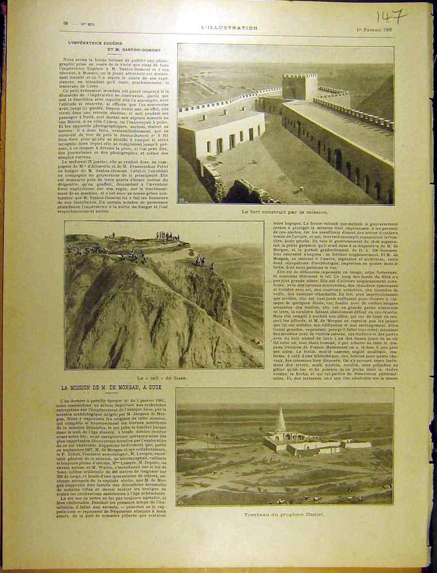 Original Old Antique Print 1902 Santos Dumont Fort Construit Suse Mission French