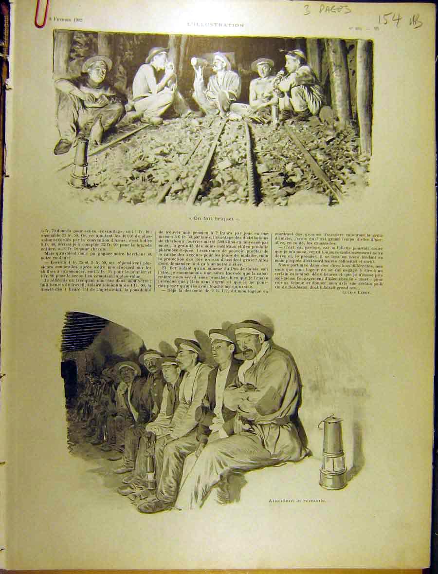 Old Antique Print 1902 Mining Coal Hercheux Jour History Semaine French 20th