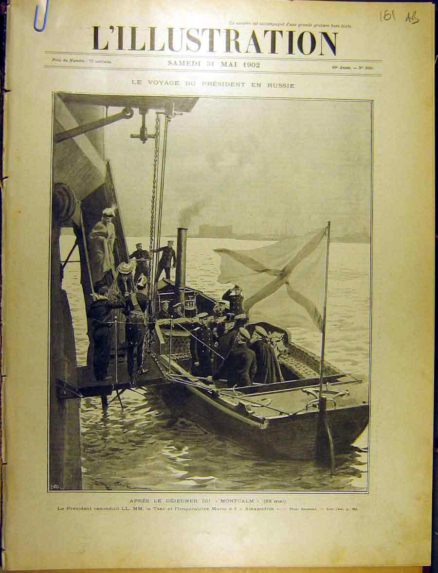 Original Old Antique Print 1902 Voyage Prsident Russie Montcalm Ship Peterh 20th