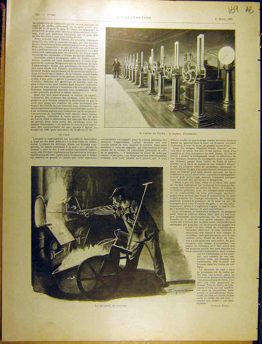 Original Old Antique Print 1902 Clichy Emission Coke Oven Gaz Coal French 20th