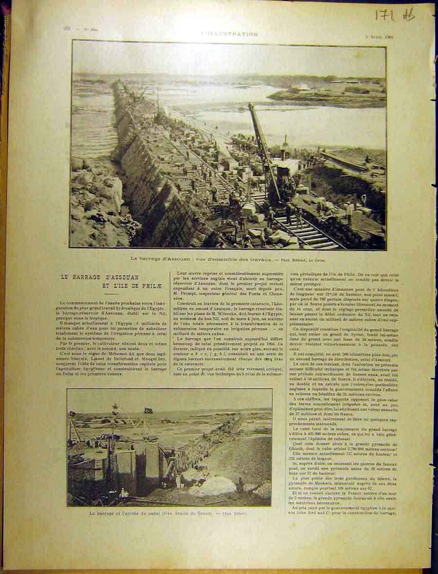 Original Old Antique Print 1902 Barrage D'Assouan Plan Cataract Egypt French