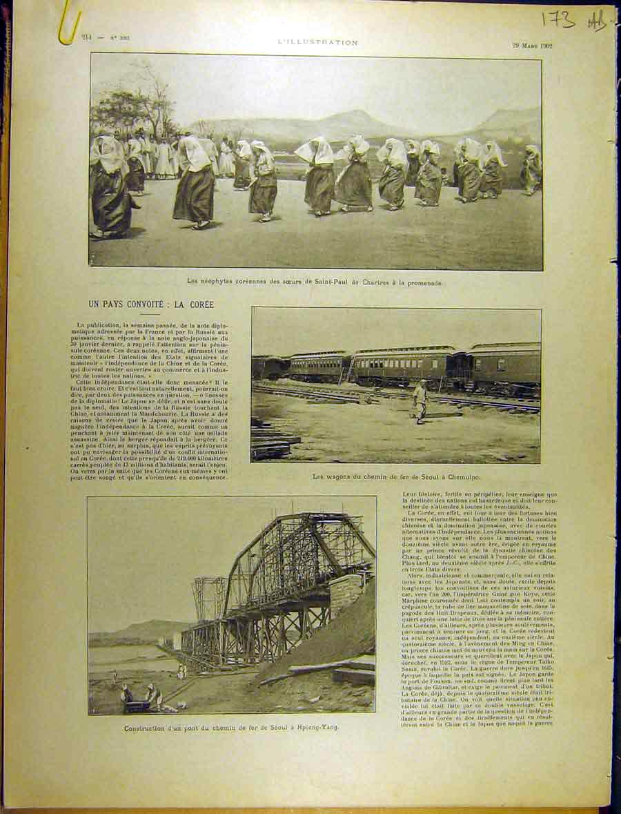 Original Old Antique Print 1902 Neophytes Coreennes Hpieng-Yang Bridge Tehok
