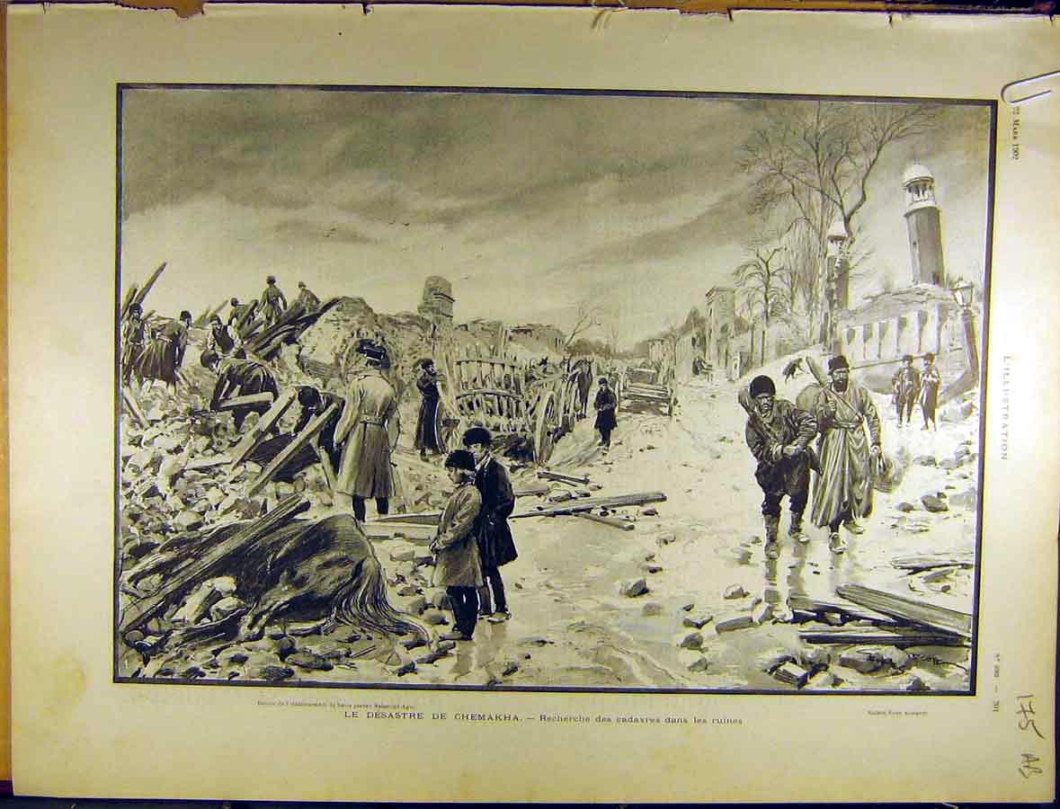 Original Old Antique Print 1902 Disaster Chemakha Ruins Mosque Wagon French